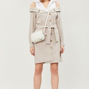 Maje Off Shoulder Cotton Beige Button Down Dress